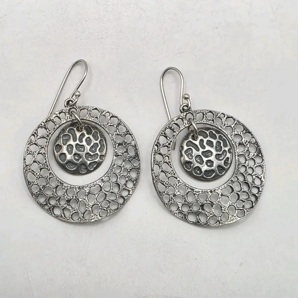 Sterling Silver 925 Oxidized Disc Drop Earrings 2” Artisan Dangle, Statement